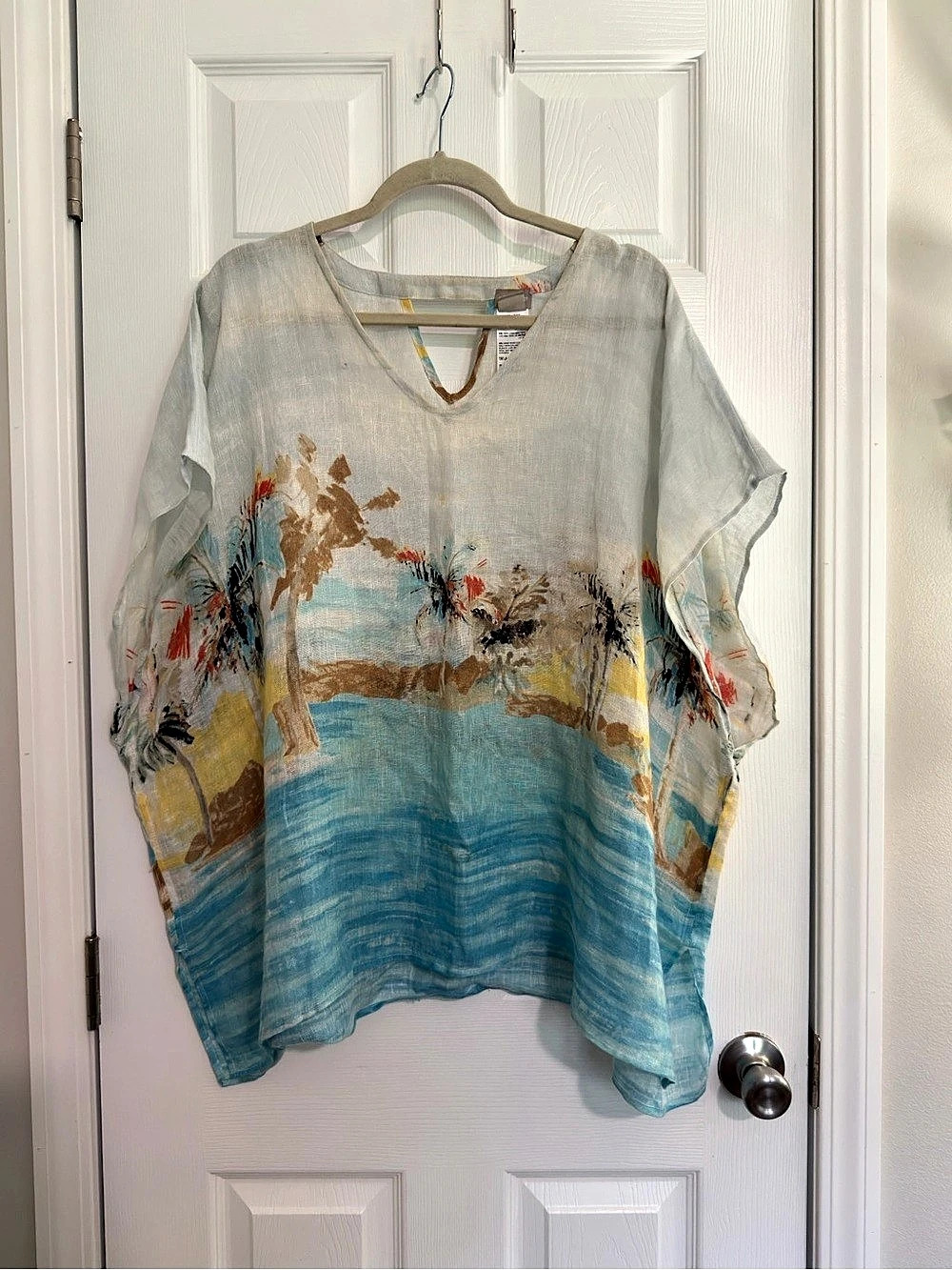NWOT Chico's 100% Linen Abstract Print Tunic in Blue & White Size Large/XL